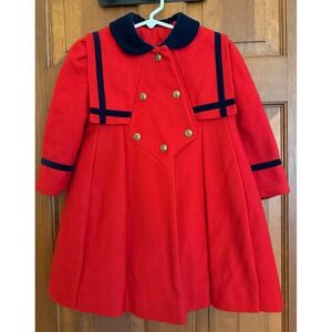 VTG Rothschild Wool Dress Coat Girls 4 Red/Navy Velvet Trim Winter Button-Up